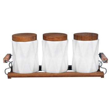 Tea, Coffee, Sugar - 3 White Ceramic Diamond Jars with Lid on Wooden Tray Set